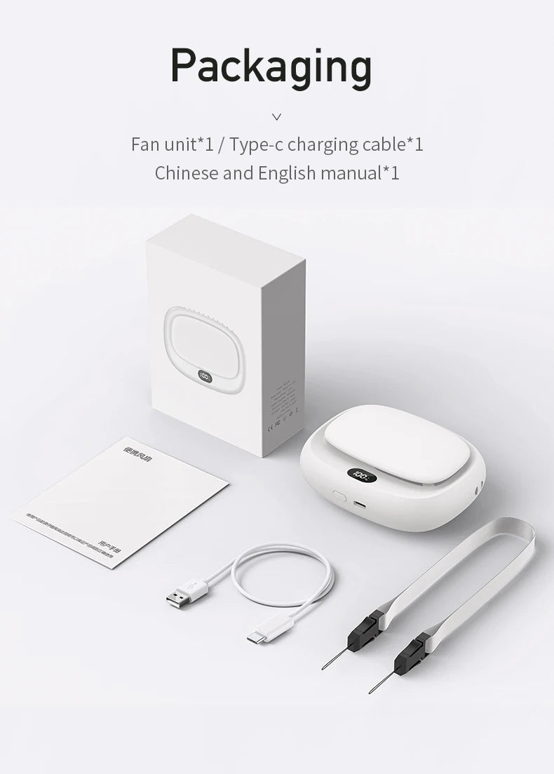 Close-up view of neck-hanging mini fan by Albachfils, showcasing USB charging port and adjustable speed settings.