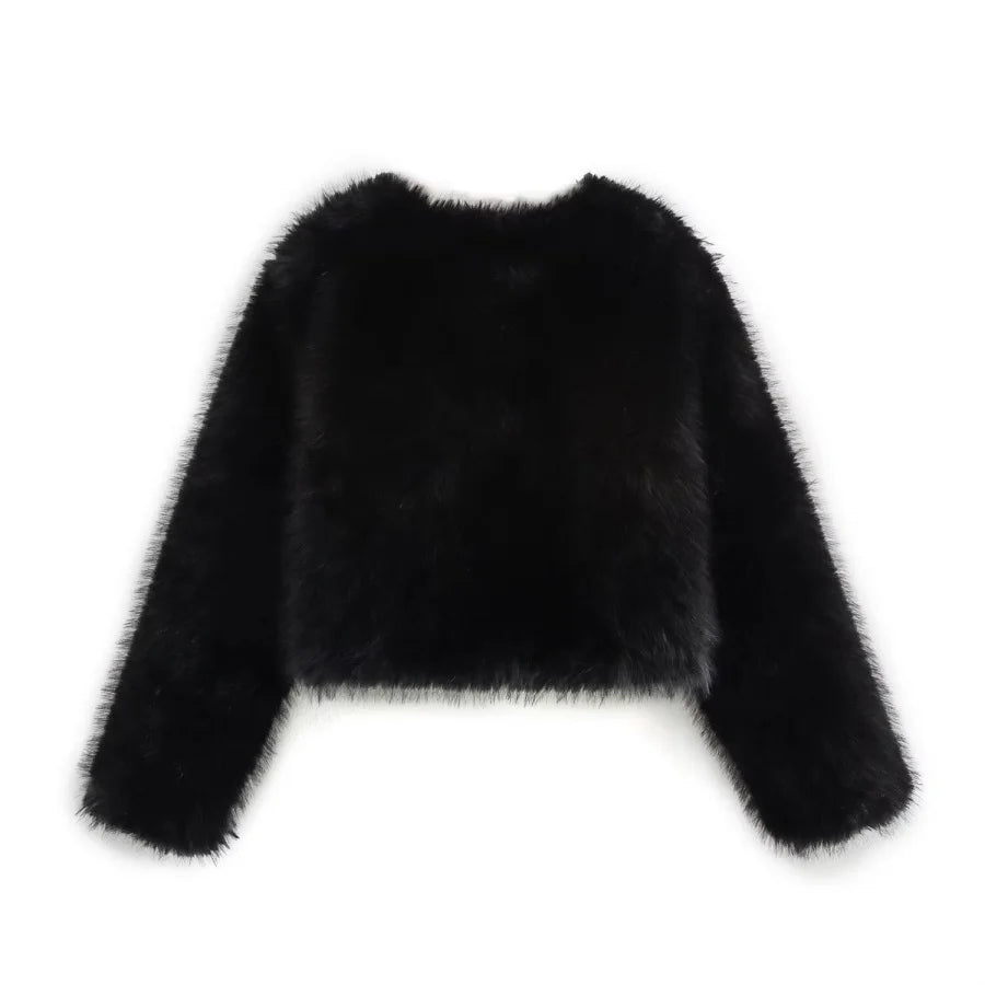 Black fluffy jacket on a white background