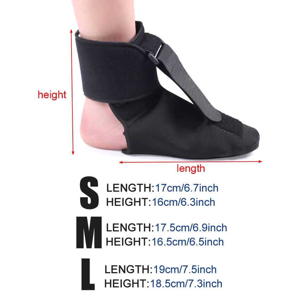 Black ankle support brace with measurements on a white background