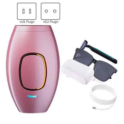 Pink hair removal device with accessories on a white background