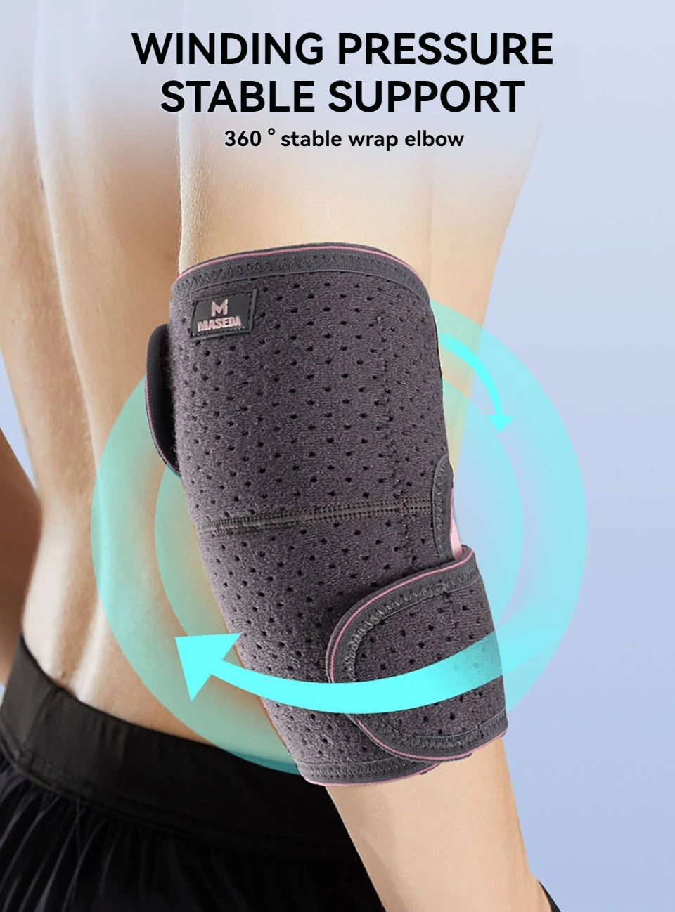 Elbow support with text 'Winding Pressure Stable Support' on a blurred background