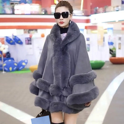 Double Layer Luxury Faux Rex Rabbit Fur Cape with Hood