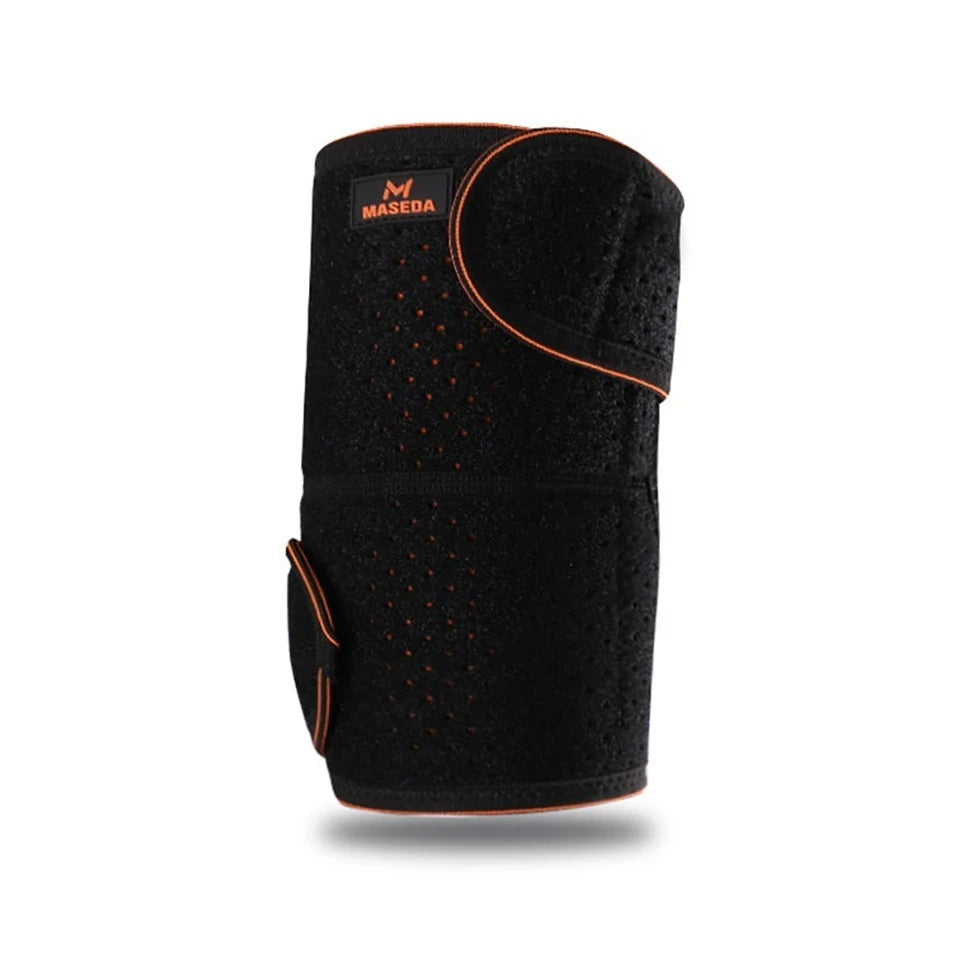 Black knee pad with orange accents on a white background