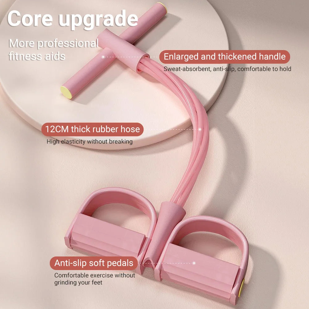 Pink resistance band with text highlighting features on a beige background