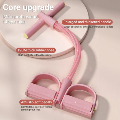 Pink resistance band with text highlighting features on a beige background