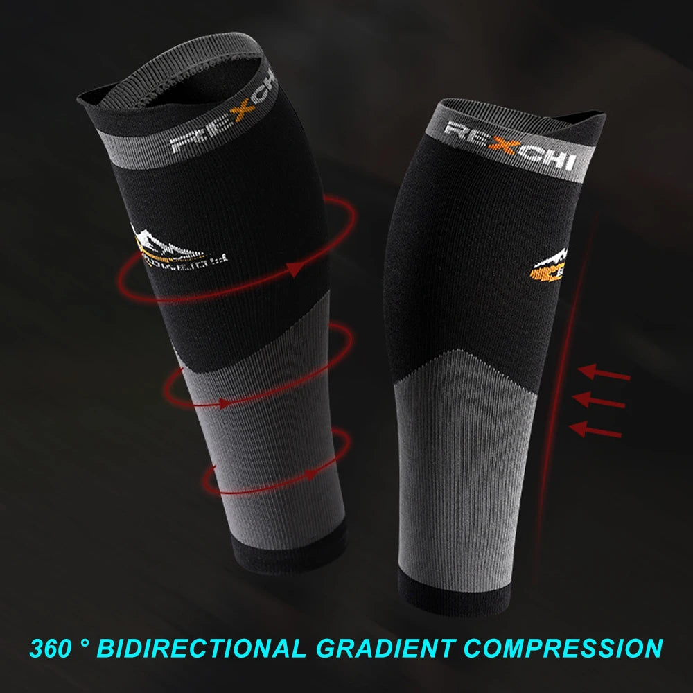 Two black and gray compression sleeves with 'REXCHI' branding on a dark background.