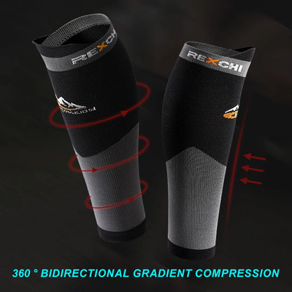 Two black and gray compression sleeves with 'REXCHI' branding on a dark background.