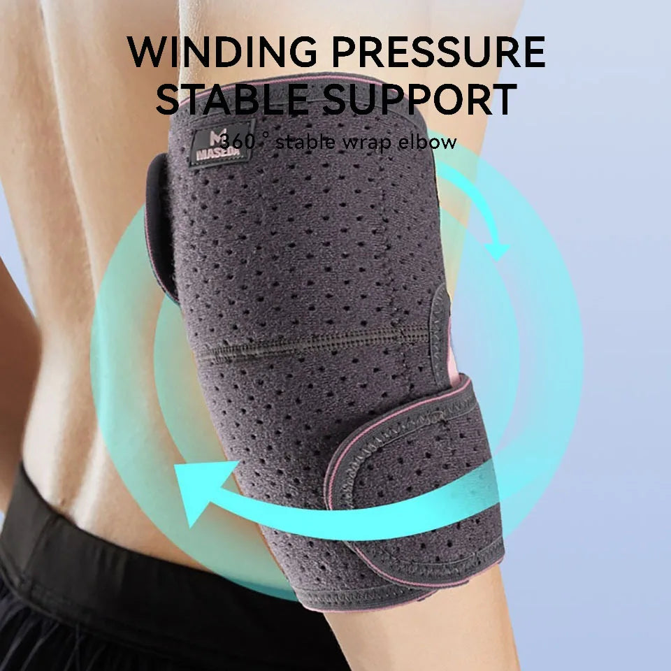 Elbow support brace with text 'Winding Pressure Stable Support' on a light background