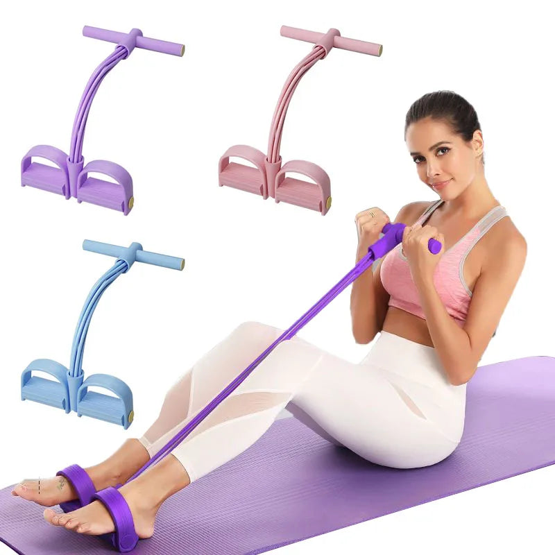 Woman exercising with a purple resistance band on a white background, with additional resistance bands in purple, pink, and blue displayed above.