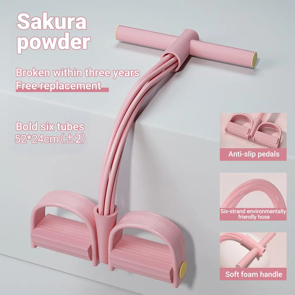Pink exercise device with text on a light gray background