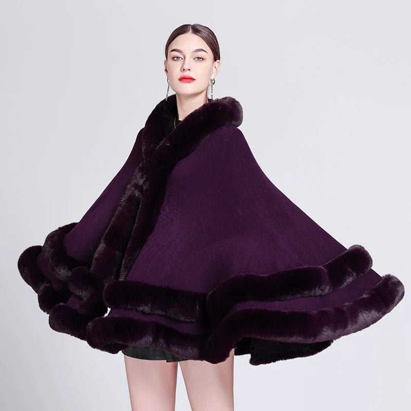 Double Layer Luxury Faux Rex Rabbit Fur Cape with Hood