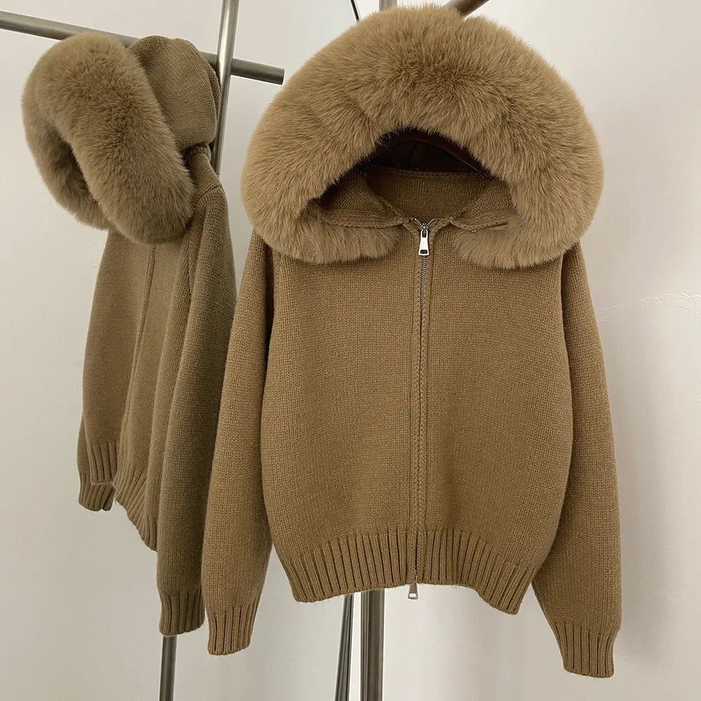 Knitwear Women Hooded Faux Fur