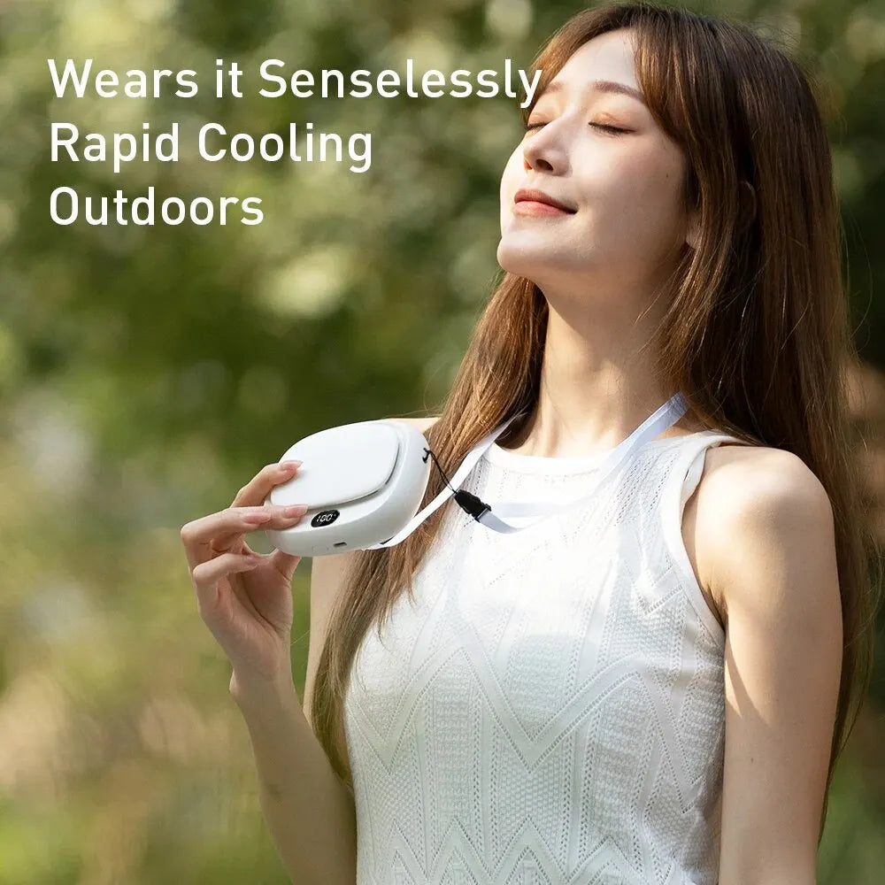 Woman enjoying outdoor cooling with the Neck Hanging Mini Fan, showcasing the sleek design and comfort.