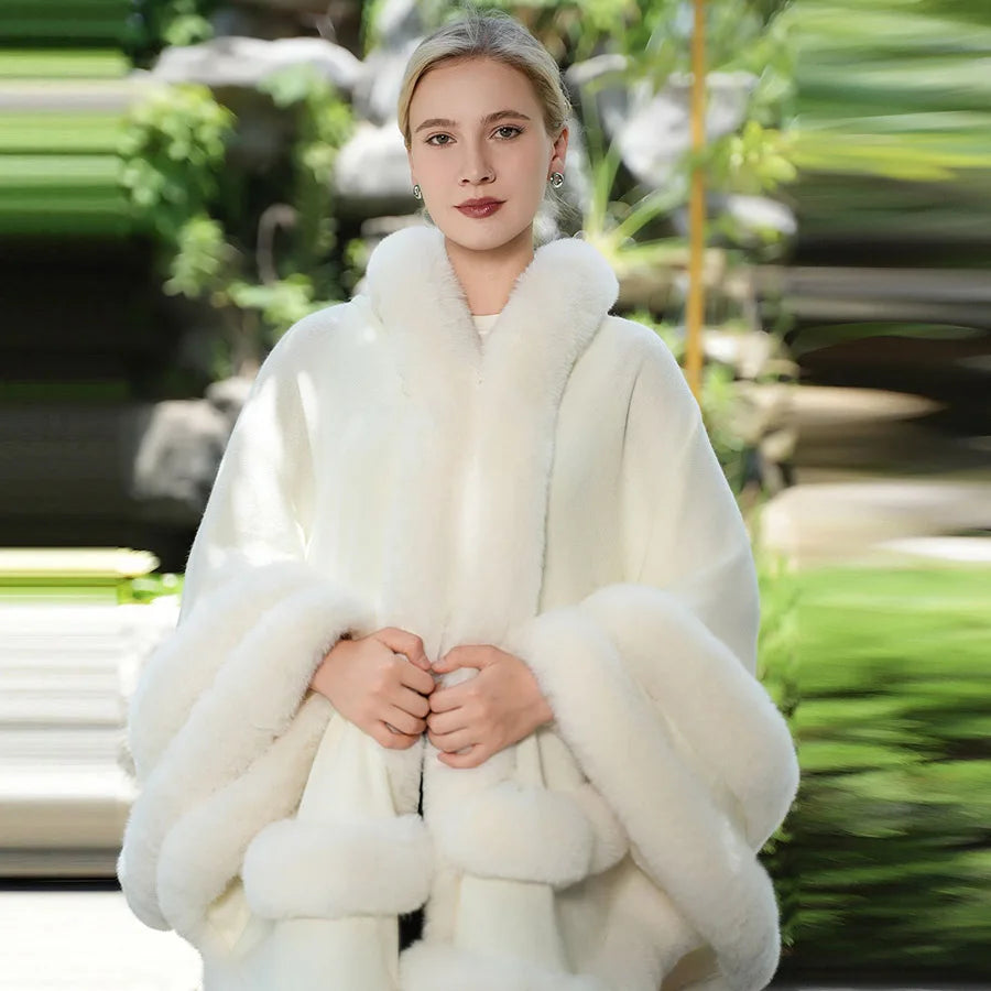 Double Layer Luxury Faux Rex Rabbit Fur Cape with Hood