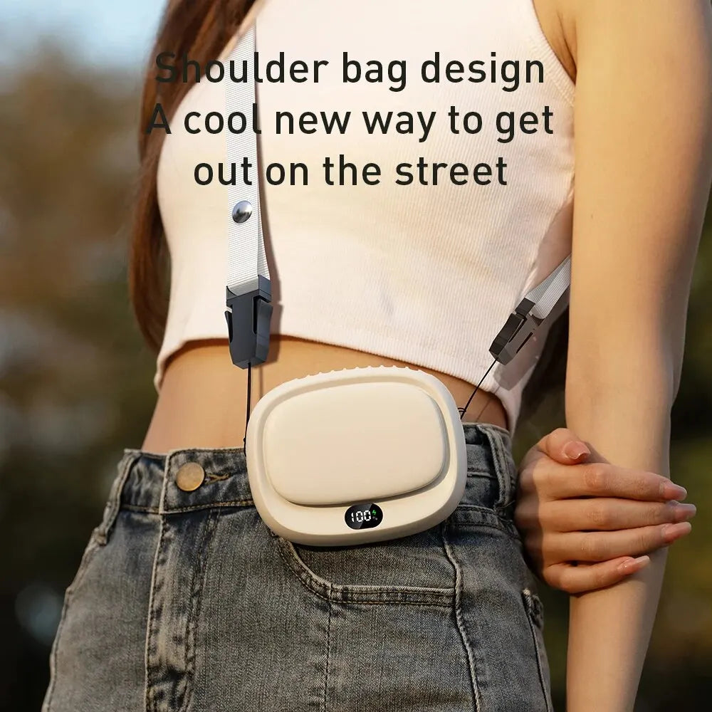 Neck Hanging Mini Fan attached to a waist, demonstrating its versatility for travel and convenience.