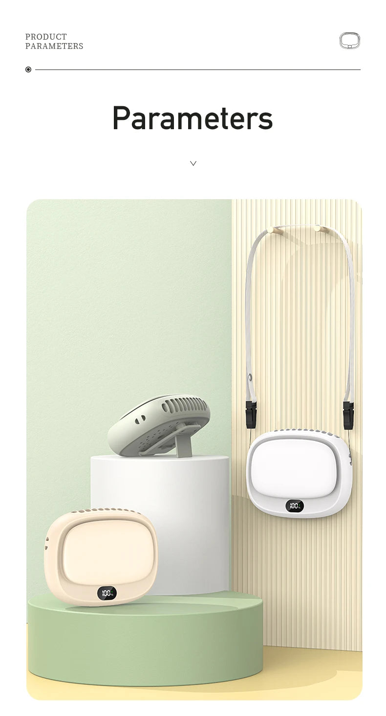 Detailed view of the neck-hanging fan’s unique design, including the battery indicator and speed control.