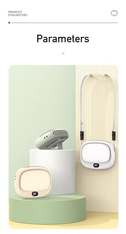 Detailed view of the neck-hanging fan’s unique design, including the battery indicator and speed control.