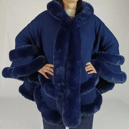 Double Layer Luxury Faux Rex Rabbit Fur Cape with Hood