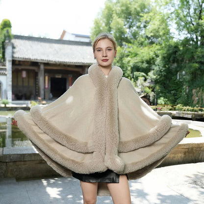 Double Layer Luxury Faux Rex Rabbit Fur Cape with Hood