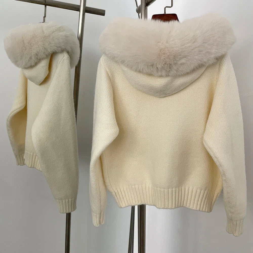 Knitwear Women Hooded Faux Fur