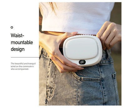 Side view of the portable neck-hanging fan positioned for easy access while on the go.