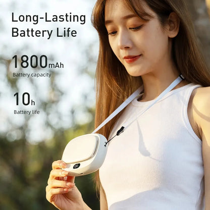 Woman holding the Neck Hanging Mini Fan, highlighting its long-lasting battery life and stylish appearance.