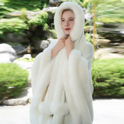 Double Layer Luxury Faux Rex Rabbit Fur Cape with Hood