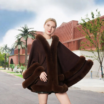 Double Layer Luxury Faux Rex Rabbit Fur Cape with Hood