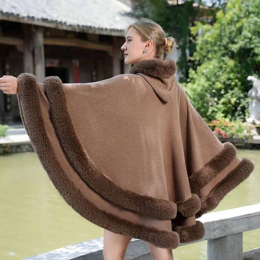 Double Layer Luxury Faux Rex Rabbit Fur Cape with Hood