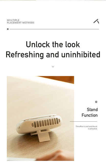 Neck Hanging Mini Fan by Albachfils, showcasing a portable design with adjustable speeds and display screen.