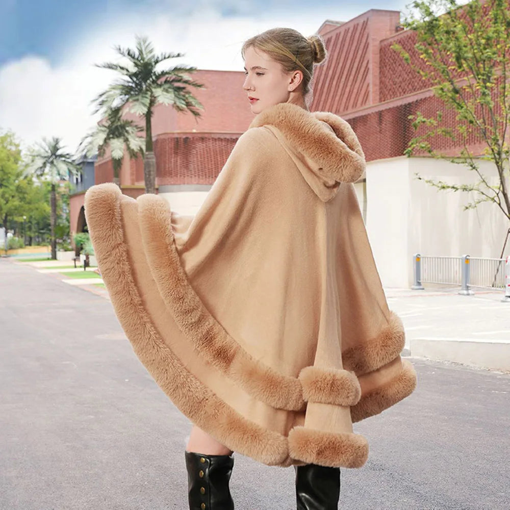Double Layer Luxury Faux Rex Rabbit Fur Cape with Hood