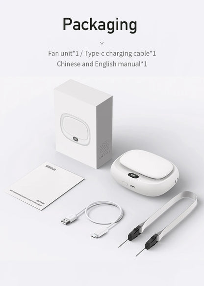 Close-up view of neck-hanging mini fan by Albachfils, showcasing USB charging port and adjustable speed settings.