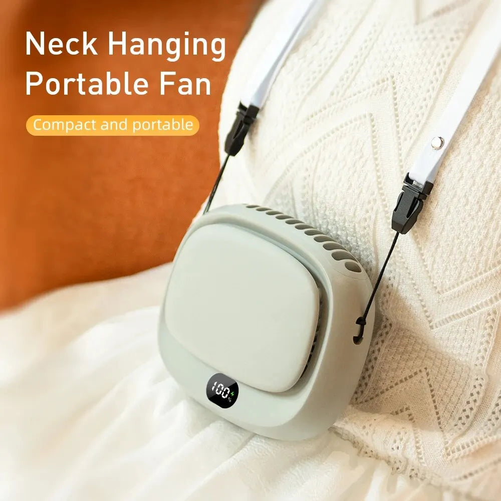 Neck Hanging Mini Fan by Albachfils in a compact design, hanging from a person's neck with adjustable speeds.