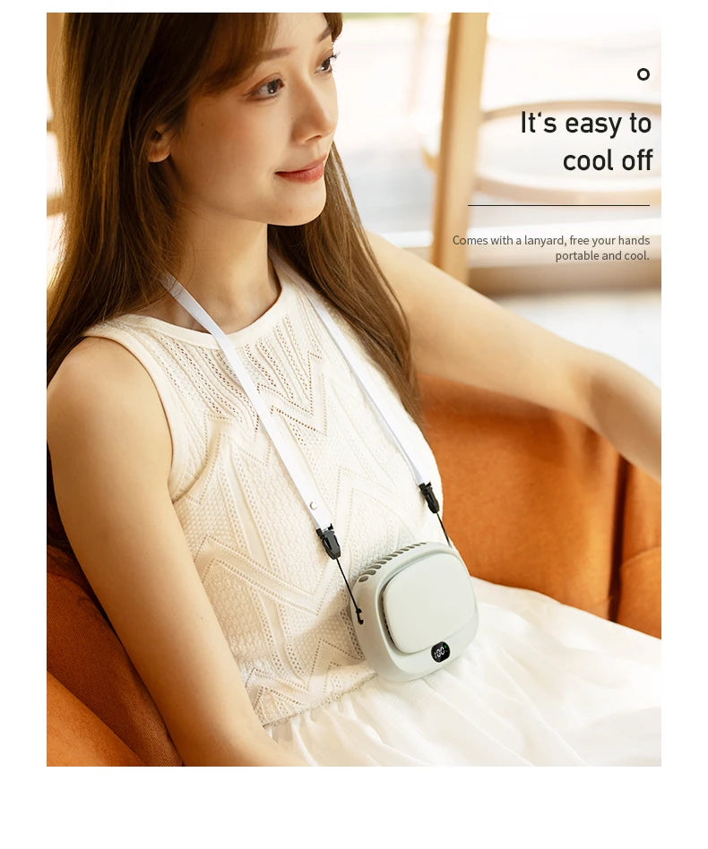 Close-up of the neck-hanging fan highlighting its lightweight design and user-friendly interface.