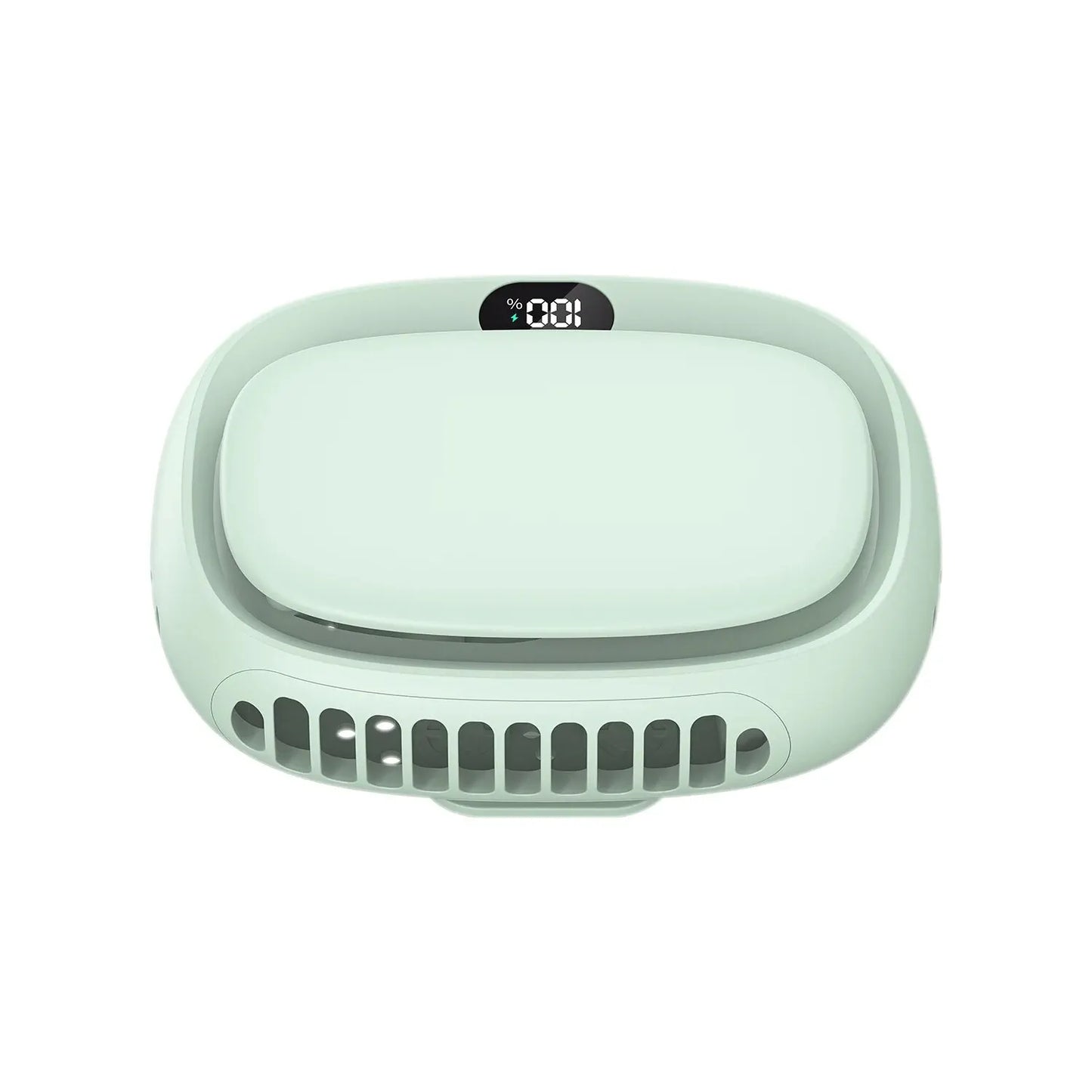 Ice Green Neck Hanging Mini Fan by Albachfils with five speed settings and LED display for battery status.