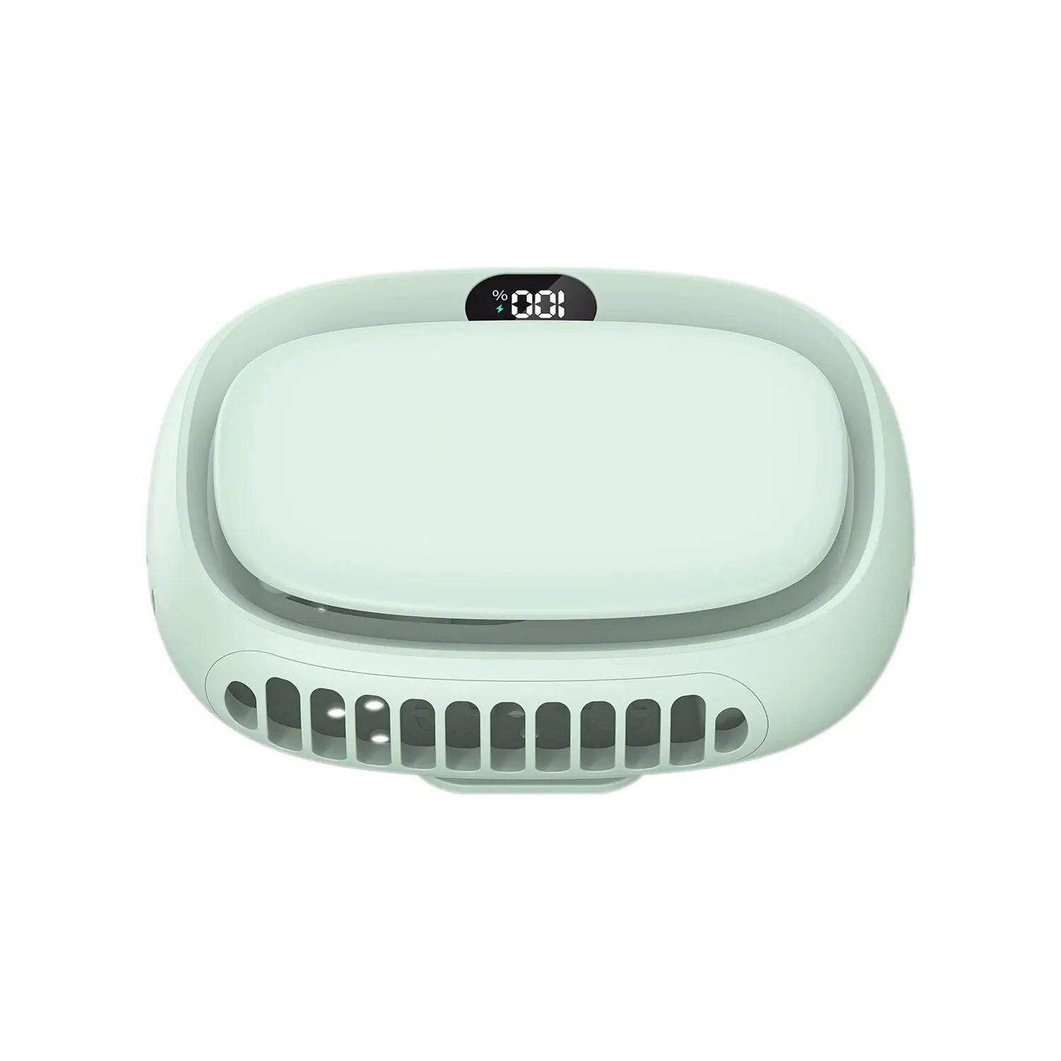 Ice Green Neck Hanging Mini Fan by Albachfils with five speed settings and LED display for battery status.