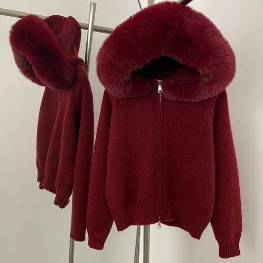 Knitwear Women Hooded Faux Fur