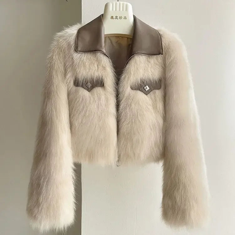 Cropped Faux Fur Jacket with Leather Trim & Zipper