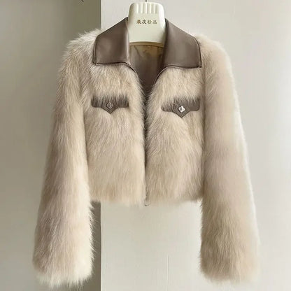 Cropped Faux Fur Jacket with Leather Trim & Zipper