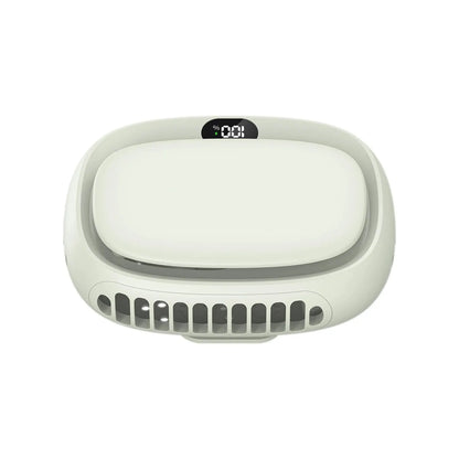 White Neck Hanging Mini Fan by Albachfils, featuring a sleek design with a display screen for speed and battery status.