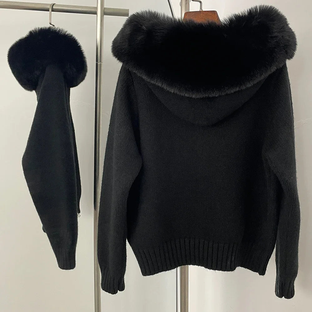 Knitwear Women Hooded Faux Fur