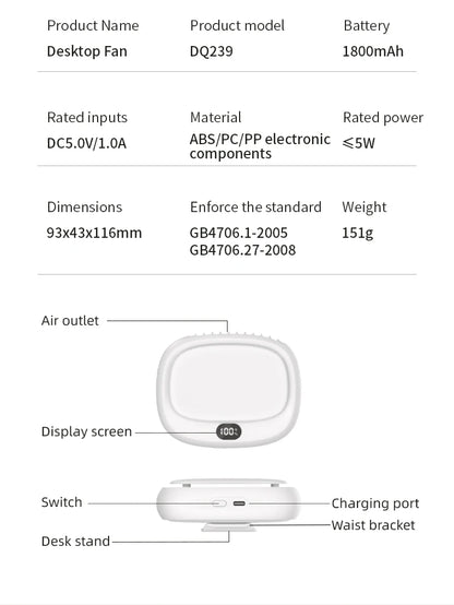 Neck Hanging Mini Fan by Albachfils, lightweight and portable, featuring a neck-hanging design and display screen.