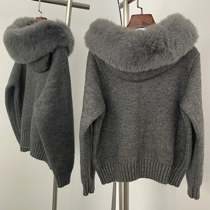 Knitwear Women Hooded Faux Fur