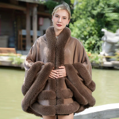 Double Layer Luxury Faux Rex Rabbit Fur Cape with Hood