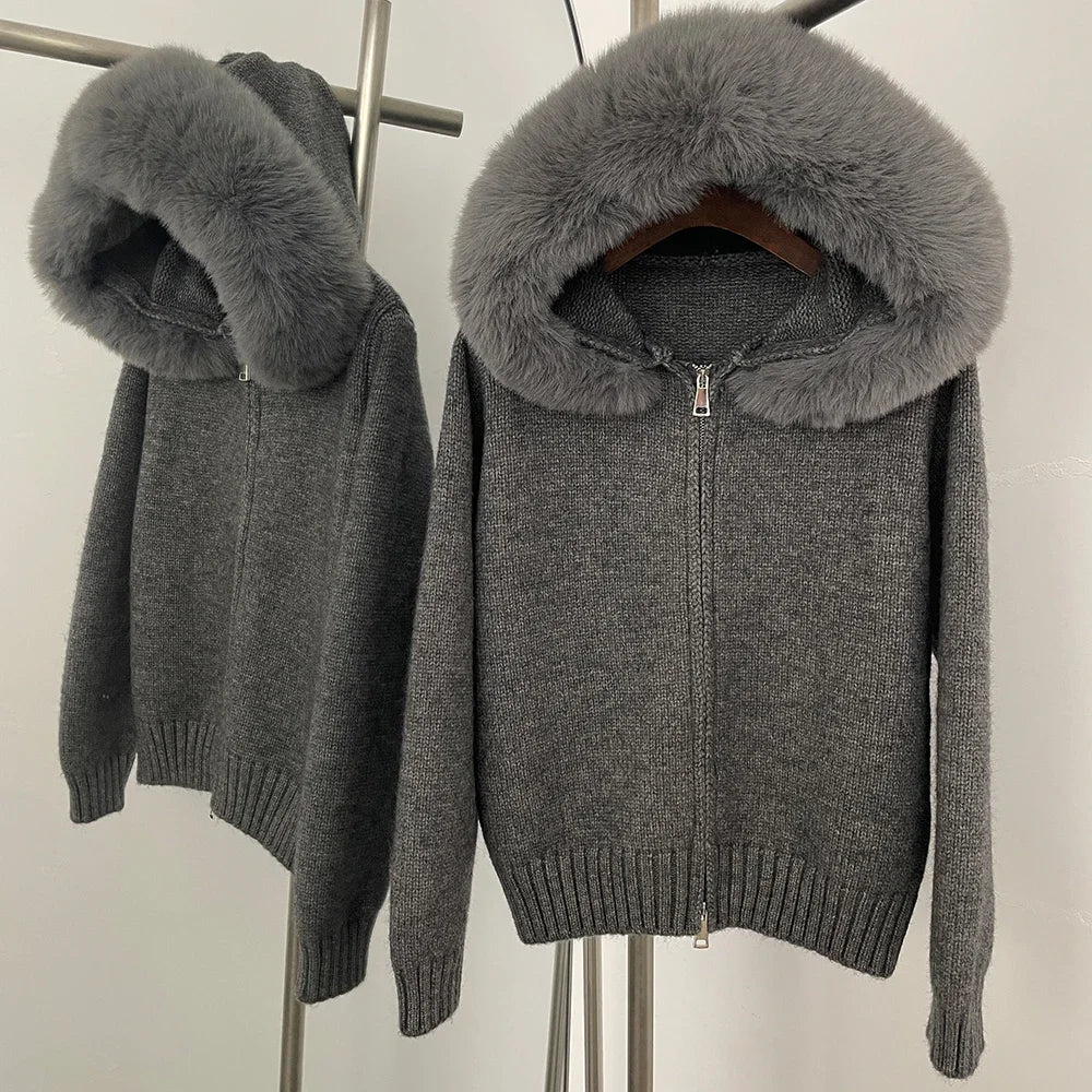 Knitwear Women Hooded Faux Fur