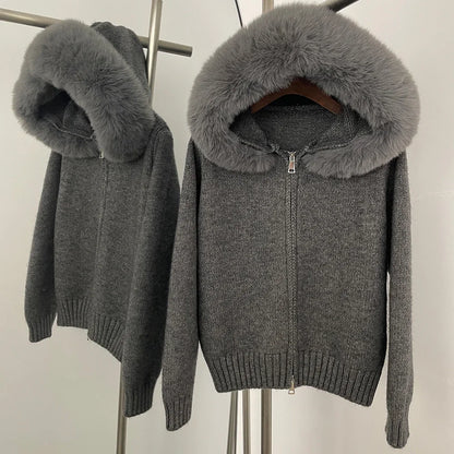 Knitwear Women Hooded Faux Fur
