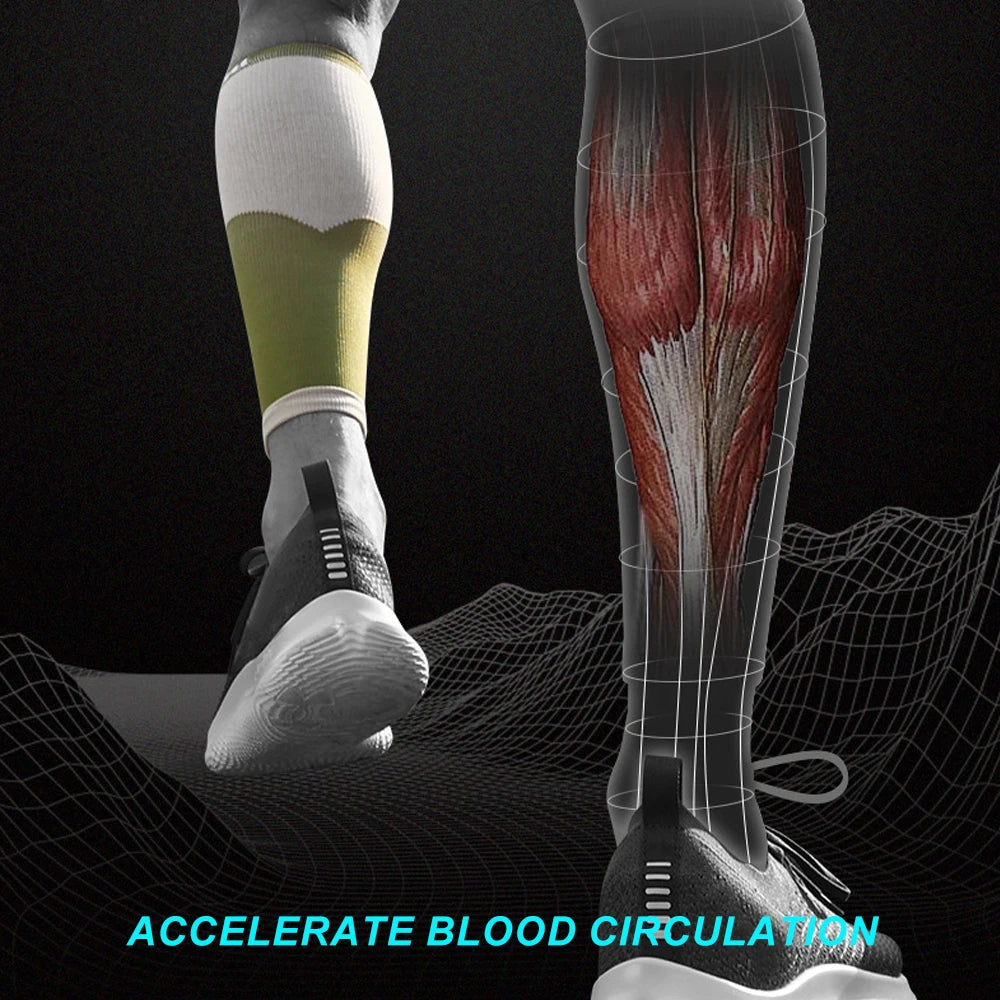 Leg wearing a compression sock with muscle anatomy overlay and text 'Accelerate Blood Circulation' on a dark background.