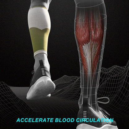 Leg wearing a compression sock with muscle anatomy overlay and text 'Accelerate Blood Circulation' on a dark background.