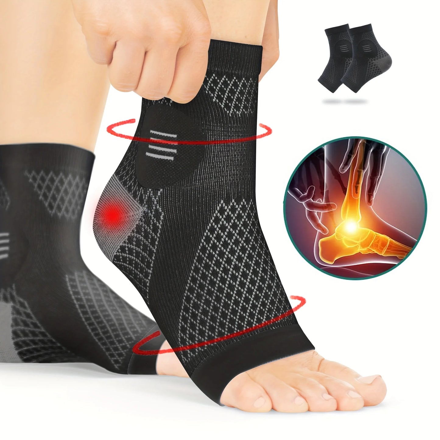 Black compression ankle sleeve being worn on a foot with a close-up of foot pain.