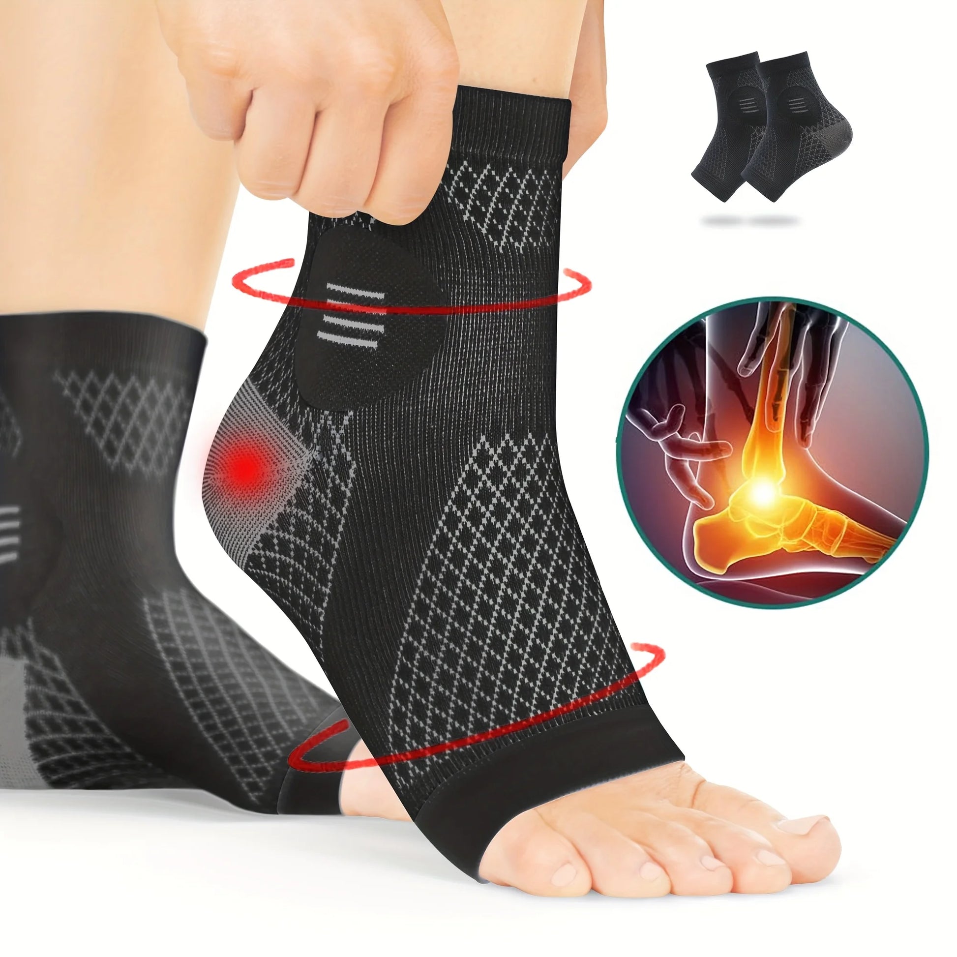 Black compression ankle sleeve being worn on a foot with a close-up of foot pain.